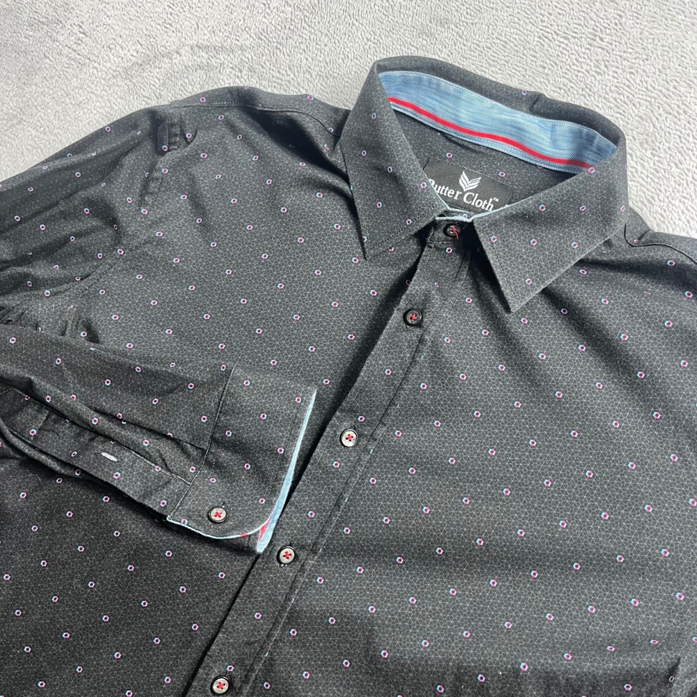 Butter Cloth Mens Large Black Geometric Hexagon Print Long Sleeve Button Down
